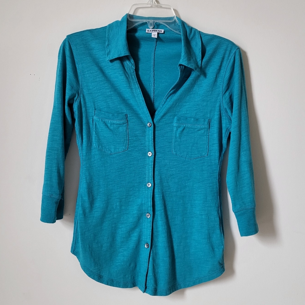 Express 7/8 Sleeve Button Down Blouse Blue XSP